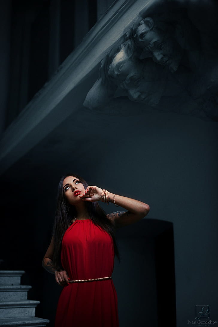 Ivan Gorokhov, red dress, dark, women, model, 500px, portrait, HD wallpaper