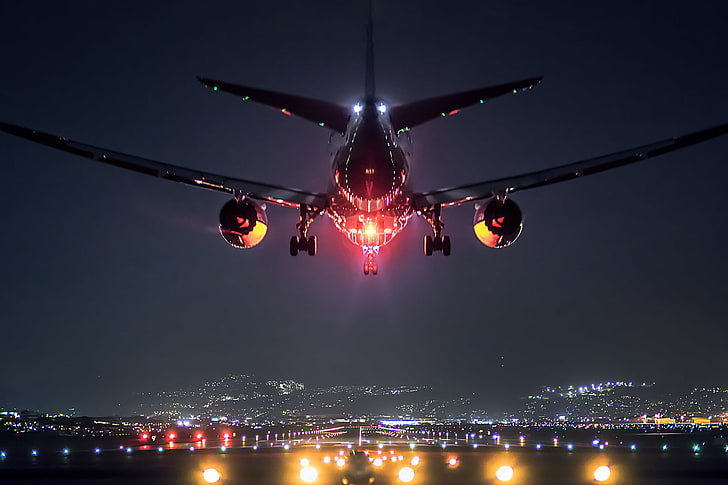 black airliner, landscape, lights, the plane, Japan, airport