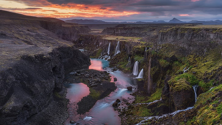 waterfall, iceland, valley of tears, fjaðrárgljúfur, river, HD wallpaper