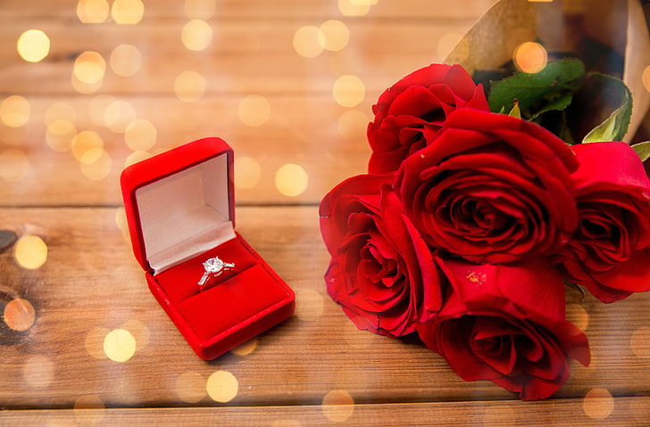 round clear jeweled silver-colored stud ring with box, gift, roses, HD wallpaper