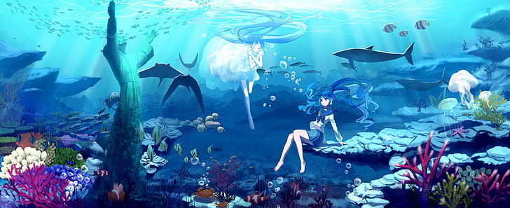 Hatsune Miku underwater digital wallpaper, Vocaloid, long hair