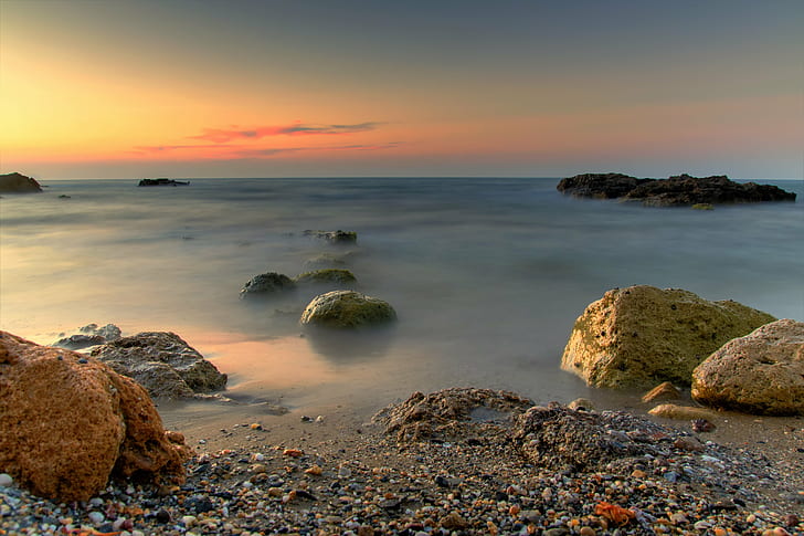 close up photo of sea rocks during golden hour, sky, nature, sunset, HD wallpaper
