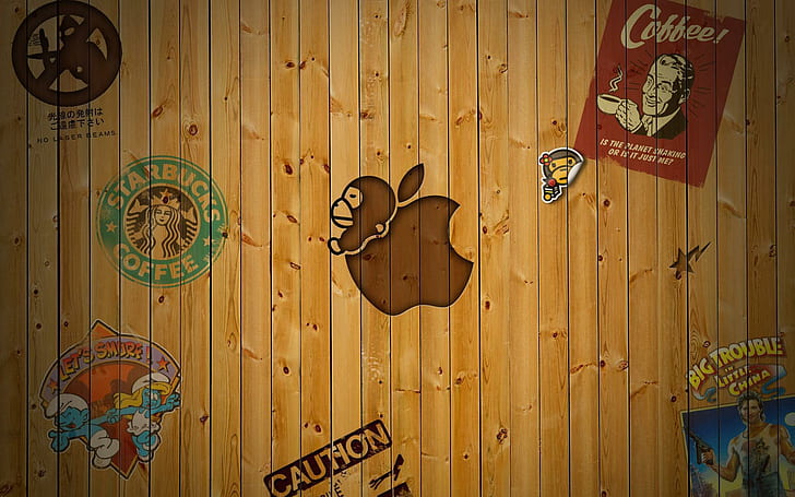 Wooden Apple logo, brown wooden palette with products logo, computers, HD wallpaper