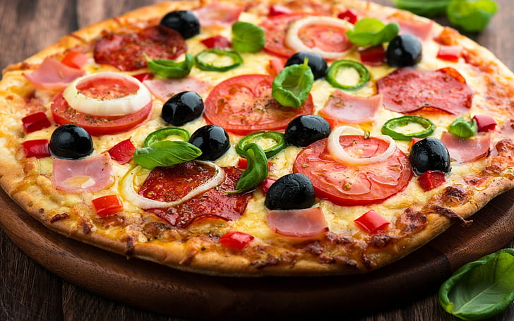 Pizza, tomato, cheese, ham and cheese pizza, olives, sausage, HD wallpaper