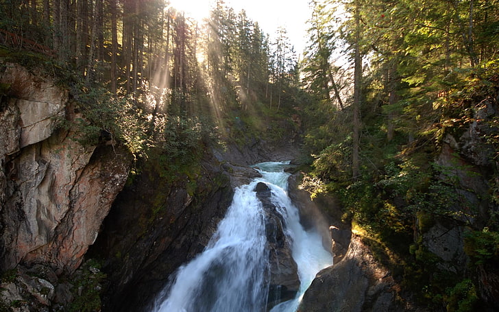 waterfalls, nature, Sun, landscape, sun rays, forest, trees, beauty in nature, HD wallpaper