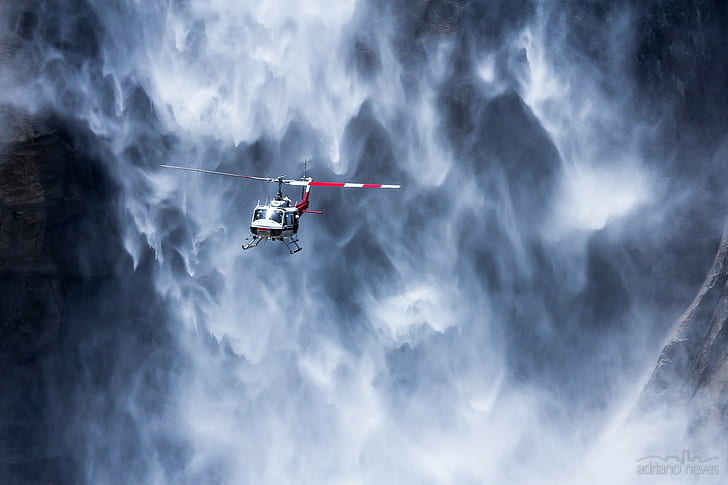vehicle, helicopters, flying, nature, waterfall, rock, Yosemite National Park, HD wallpaper