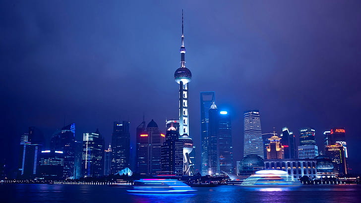 Shanghai, China tower, river, sky, lights, clouds, house, view