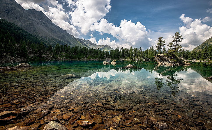 Cristal Clear Mountain Lake, green pine trees, Nature, Lakes