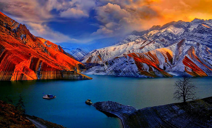 Amir Kabir Dam,iran, mountain, water, animals, HD wallpaper