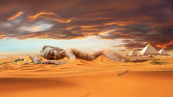 desert camels egyptian digital art pyramids 1920x1080  Nature Deserts HD Art, HD wallpaper
