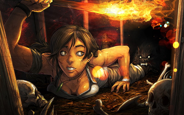 woman crawling near skulls wallpaper, women, Lara Croft, Tomb Raider, HD wallpaper