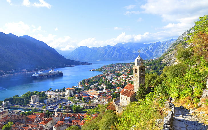 Montenegro, city, houses, bay, river, mountains