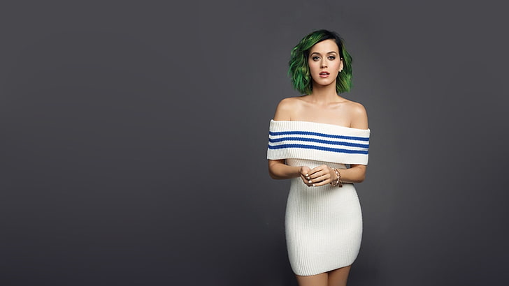 women's white and blue dress, Katy Perry, brunette, strapless dress, HD wallpaper