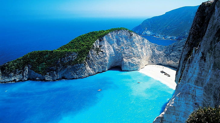 anime, beach, boat, cliff, Greece, Navagio Beach, sea