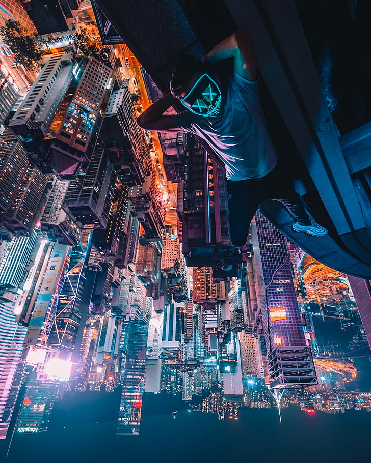 Simon Zhu, Hong Kong, mask, neon, rooftops, skyscraper, urban, HD wallpaper