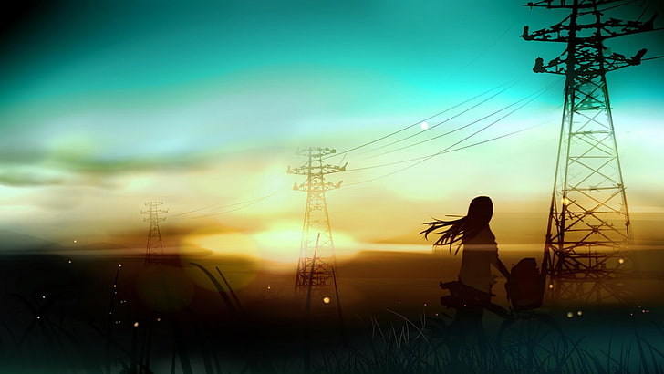 electric tower, anime, nature, sky, anime girls, sunlight, power lines