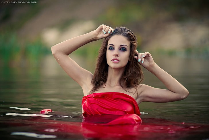 women's red top, Alla Berger, model, river, wet body, wet hair