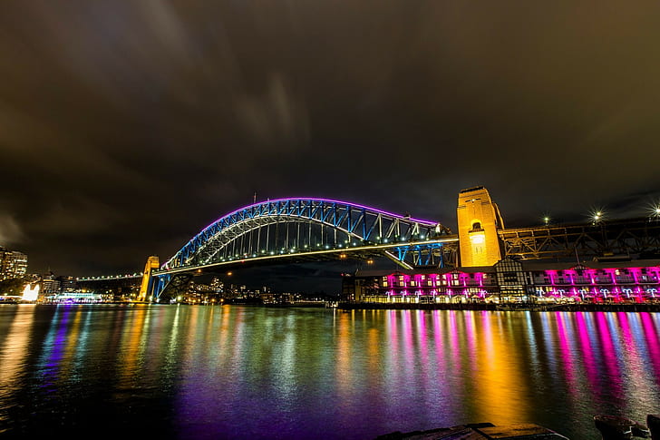 bridge, lights, reflection, night, city, Sydney, Australia, HD wallpaper