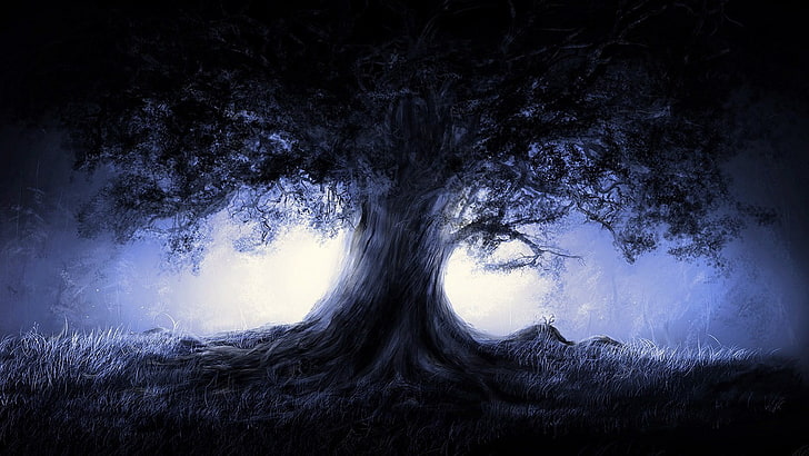 silhouette of tree with white light background, digital art, fantasy art, HD wallpaper