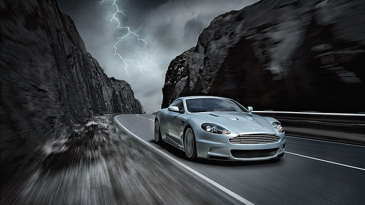 Aston Martin Dbs, sports car, gt car, lightning, silver, road
