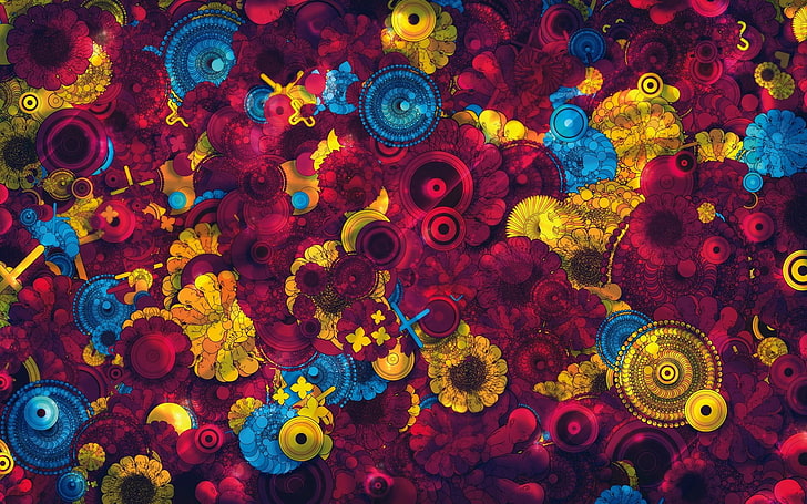 psychedelic, digital art, colorful, flowers, abstract, multi colored, HD wallpaper