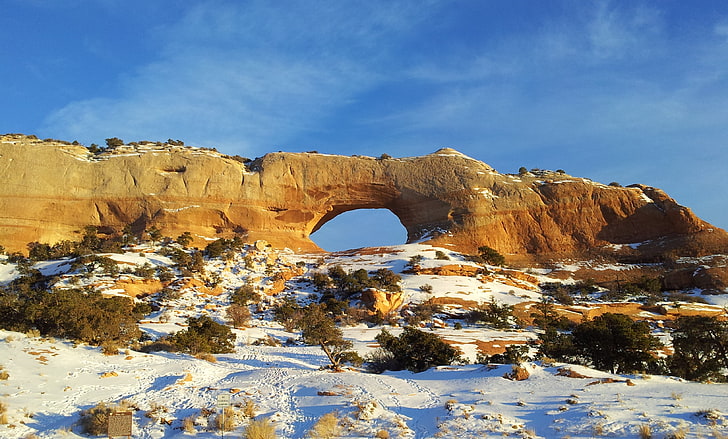 snow, winter, rock formation, rock - object, solid, sky, arch