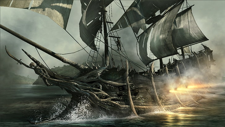brown pirate ship wallpaper, Fantasy, Battle, Dark, Gothic, Ocean