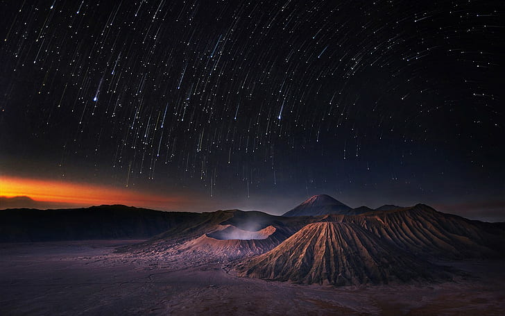 star trails, landscape, volcano, Milky Way, Indonesia, long exposure, HD wallpaper