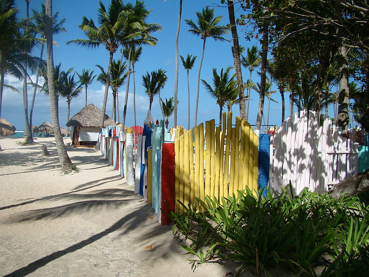 Dominican Republic, multicolored wooden fence, sand, water, punta cana, HD wallpaper