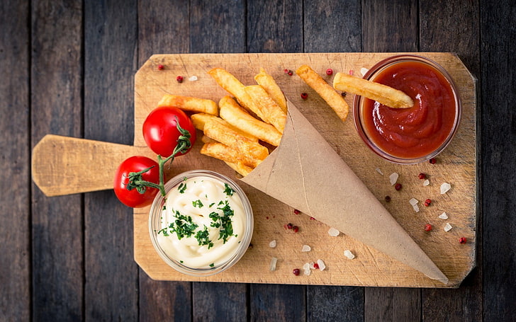 Fries, tomatoes, food, top view, ketchup, food and drink, wood - material