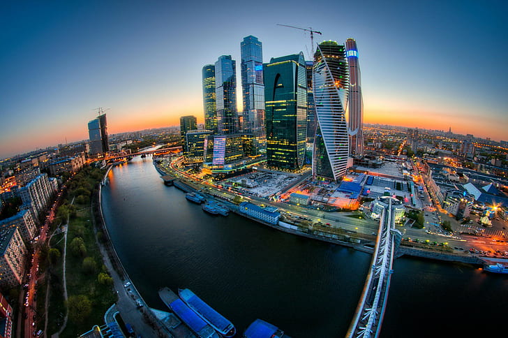 Moscow Tower, Moscow City, Moscow River, Tower 2000, bridge Bagration, HD wallpaper