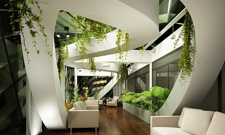 living room 4k pc, modern, indoors, architecture, plant, home interior, HD wallpaper