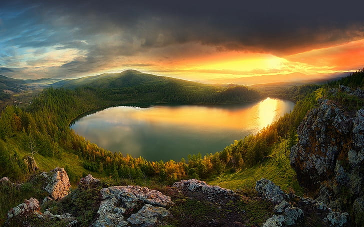 nature, landscape, sunset, lake, mountains, sky, forest, clouds