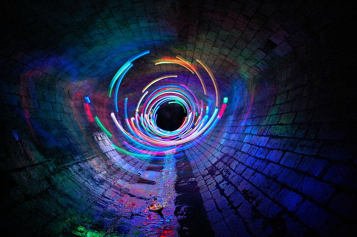 blue and green tunnel wallpaper, long exposure, sewers, light painting, HD wallpaper