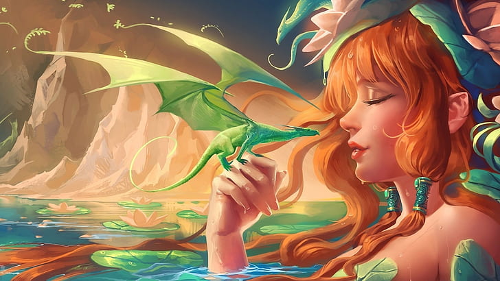 fantasy art, dragon, fantasy girl, closed eyes