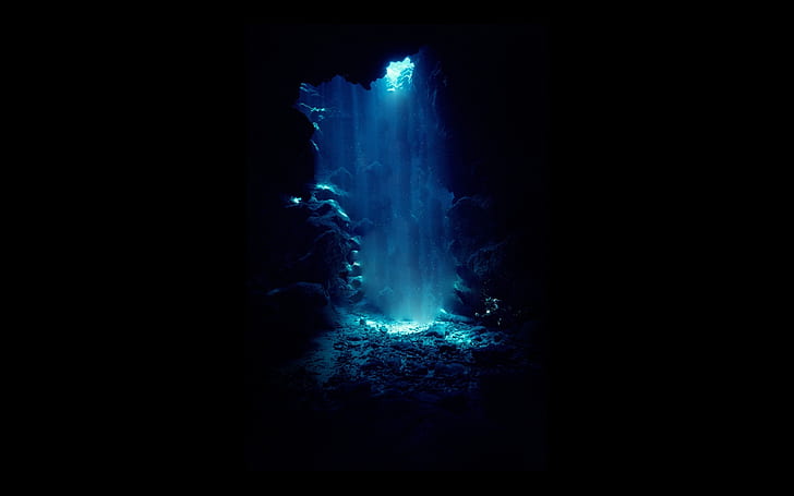 Underwater Cave Diver Blue Black Sunlight HD, nature