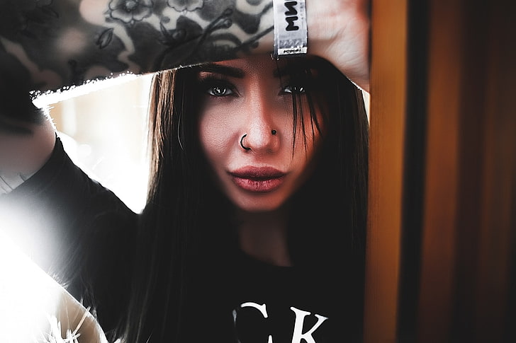 women, tattoo, Calvin Klein, nose rings, pierced nose, one person