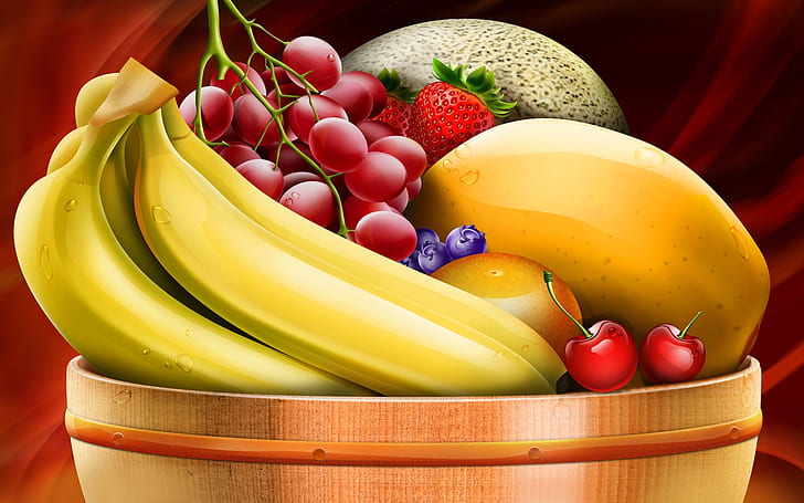 Fruit Basket, food, bananas, cherries, grapes, strawberries, HD wallpaper