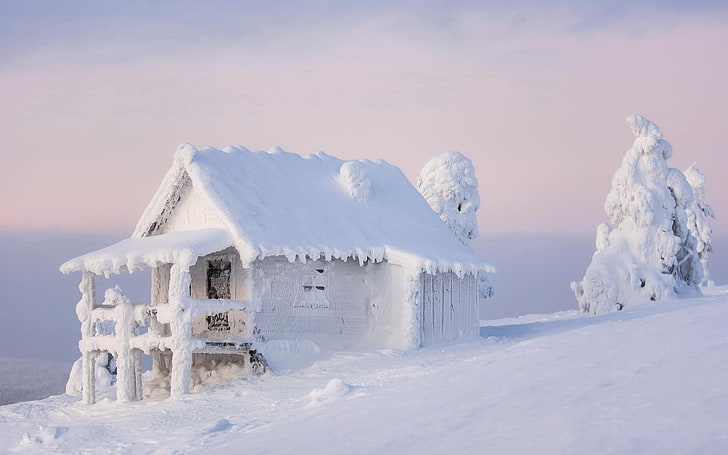 snow covered house, winter, cabin, ice, cold temperature, sky