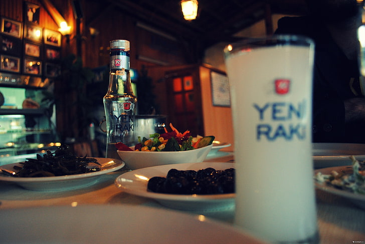 white Yen/Ran glass, raki, drink, alcohol, food and drink, indoors