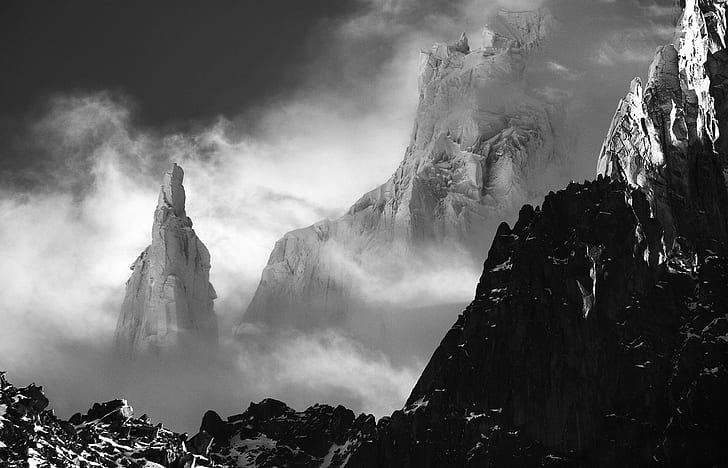 nature, landscape, mist, mountains, monochrome, snow, Alps, HD wallpaper