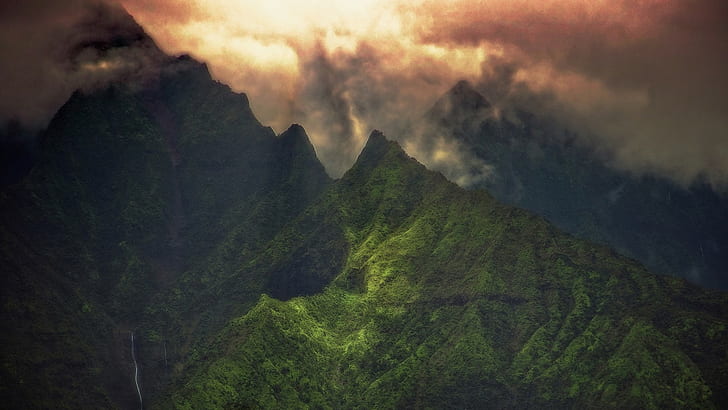 landscape, nature, clouds, mountains, creeks, green, Kauai