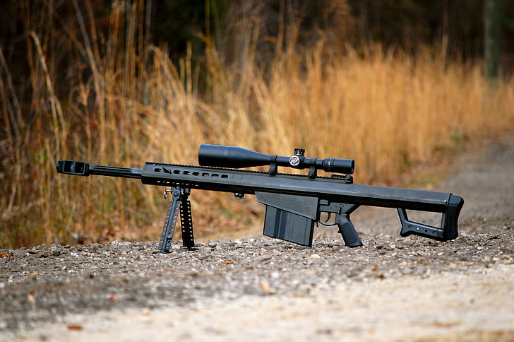 black sniper rifle, grass, gravel, self-loading, heavy, Barrett M82