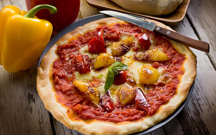 pizza pie, cutter, dough, cheese, peppers, pizza dish, bulgarian