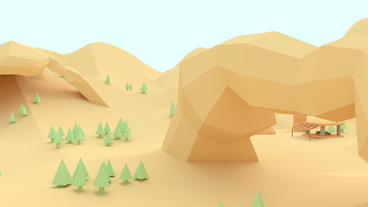 white and green wooden table, low poly, digital art, trees, mountains, HD wallpaper