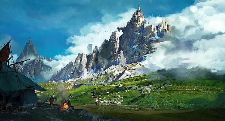 landscape, mountains, artwork, digital art, fantasy art, HD wallpaper