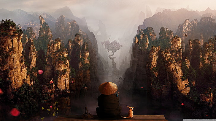person wearing brown hat in front of mountains illustration, fantasy art, HD wallpaper