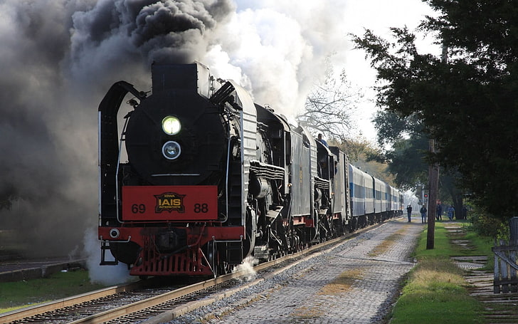 black and red train, steam locomotive, railway, smoke, outdoors, HD wallpaper