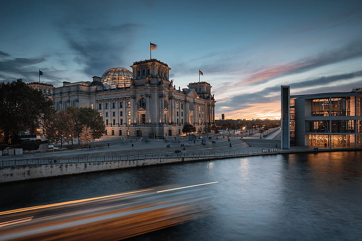 river, the building, Germany, promenade, Berlin, The Reichstag, HD wallpaper