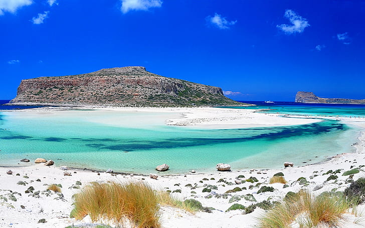 Gramvousa, Balos, Greece, blue ocean under blue and white cloudy sky, HD wallpaper